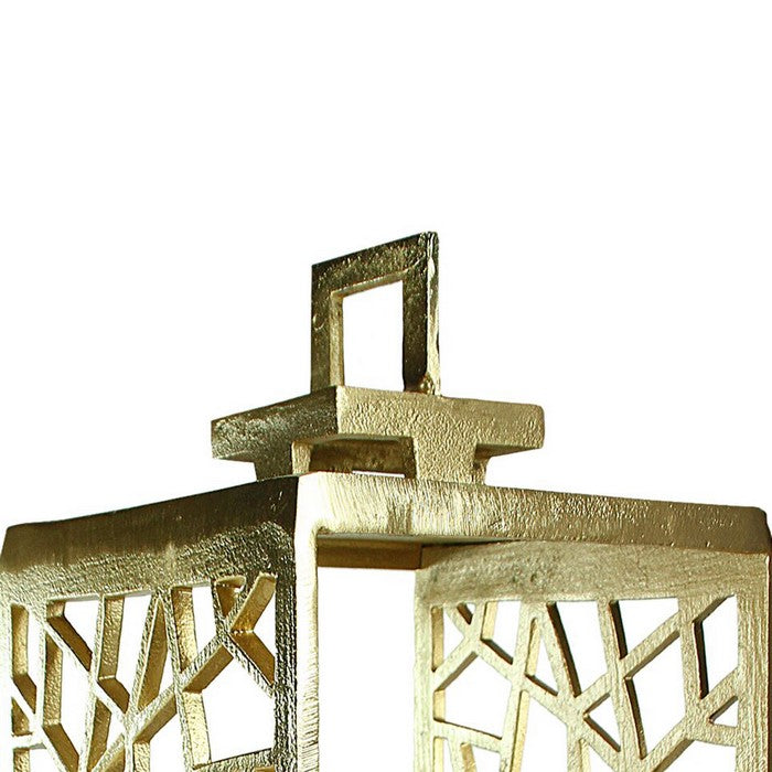 Metal Lantern with Geometric Cutout Design, Gold