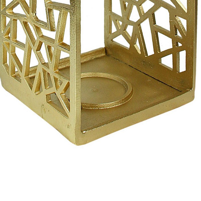 Metal Lantern with Geometric Cutout Design, Gold