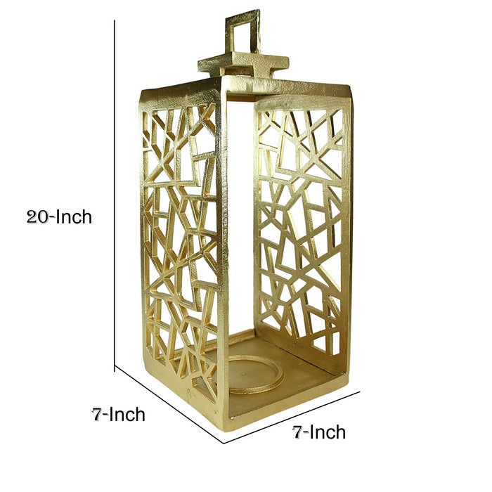 Metal Lantern with Geometric Cutout Design, Gold