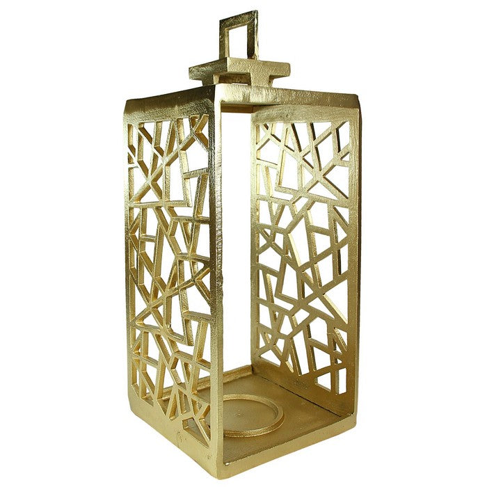 Metal Lantern with Geometric Cutout Design, Gold
