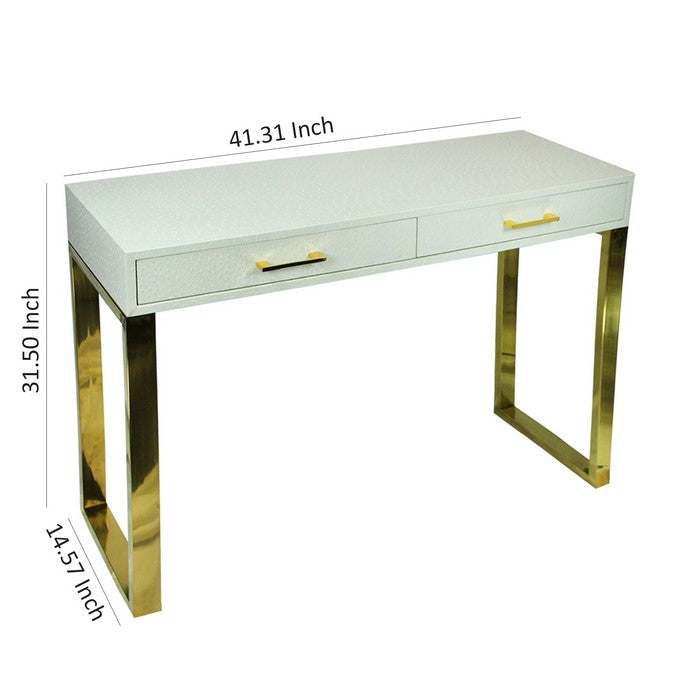 Rectangular Wood and Metal Console Table with 2 Drawers, White and Gold