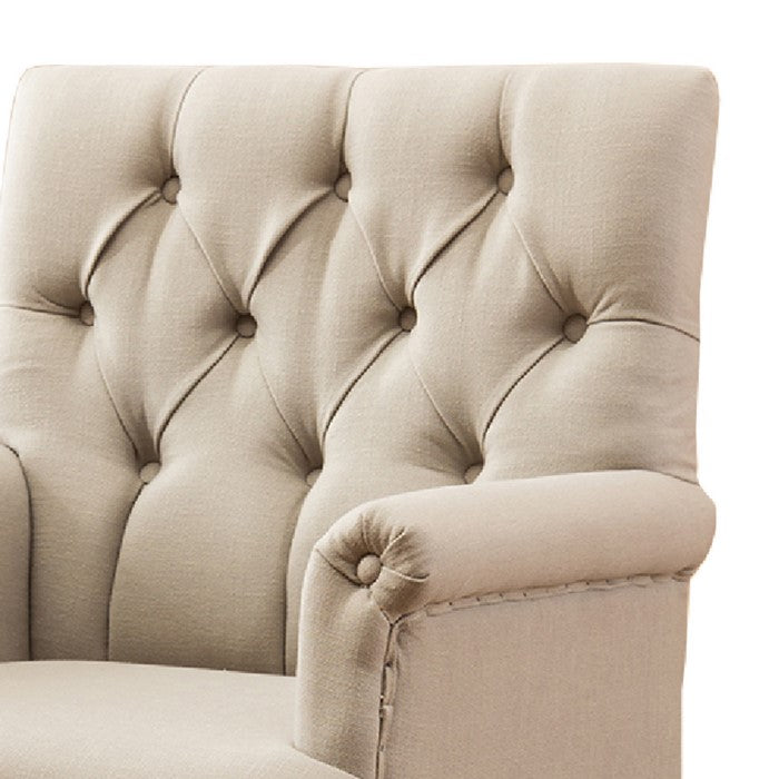 Fabric Upholstered Arm Chair with Button Tufted Back, Cream and Brown