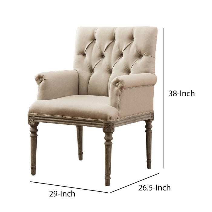 Fabric Upholstered Arm Chair with Button Tufted Back, Cream and Brown