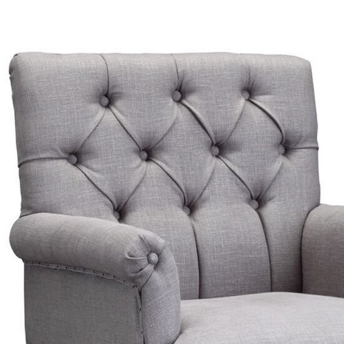 Fabric Upholstered Arm Chair with Button Tufted Back, Gray and Brown