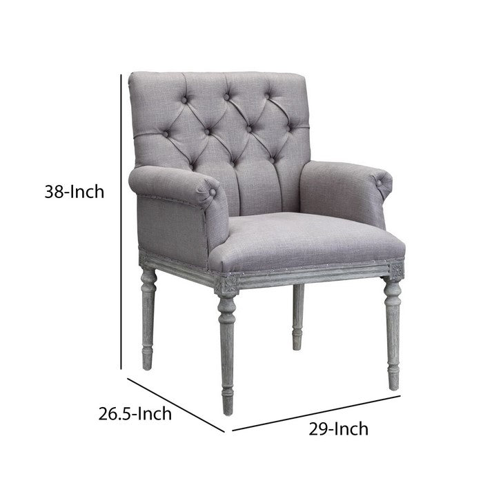 Fabric Upholstered Arm Chair with Button Tufted Back, Gray and Brown