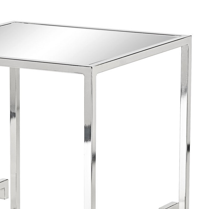 Mirror Top Side Table with Metal Frame and Greek Key Legs, Silver