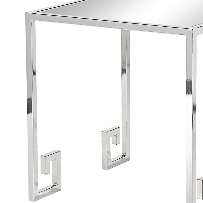 Mirror Top Side Table with Metal Frame and Greek Key Legs, Silver