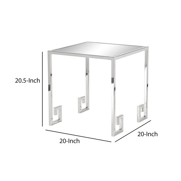 Mirror Top Side Table with Metal Frame and Greek Key Legs, Silver