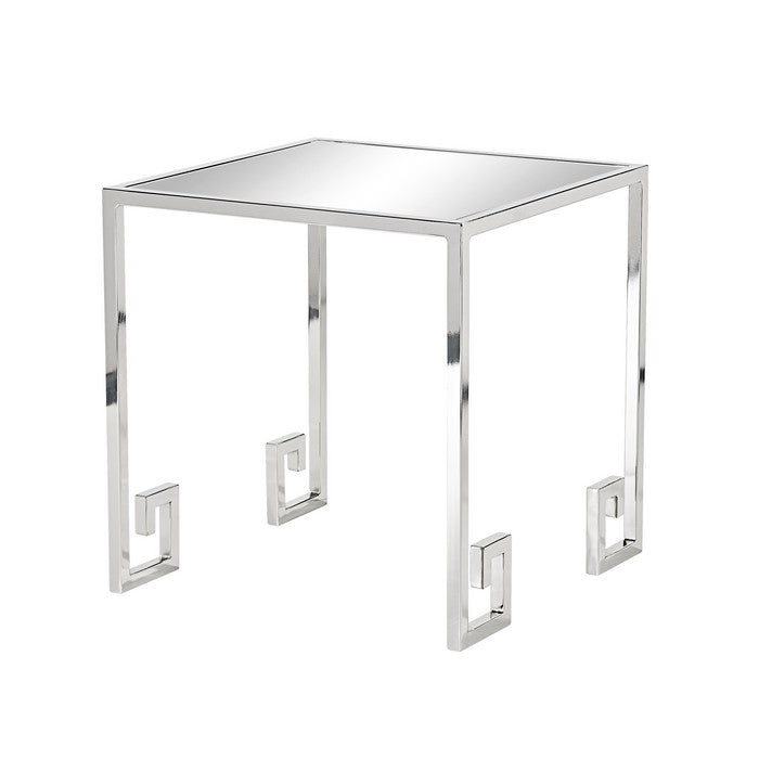 Mirror Top Side Table with Metal Frame and Greek Key Legs, Silver