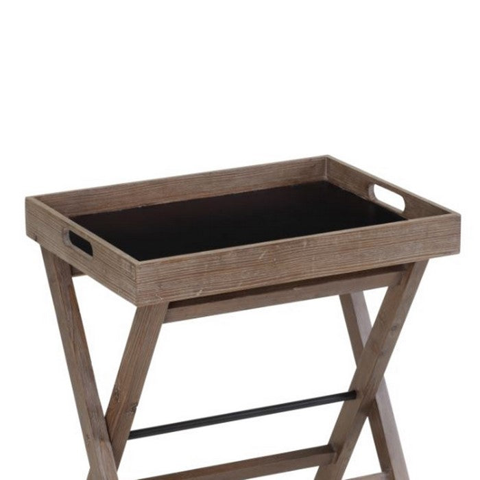 Fabric Upholstered Tray Top Wooden Side Table with X Frame Base, Brown