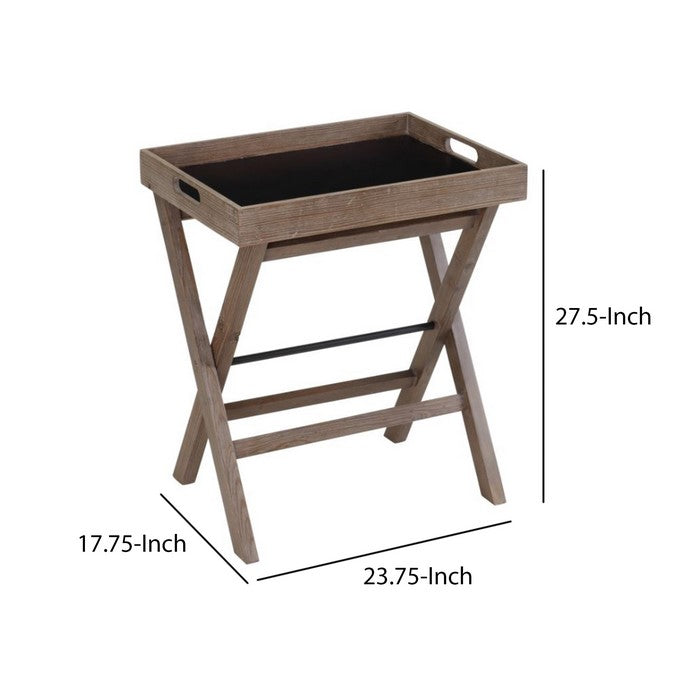 Fabric Upholstered Tray Top Wooden Side Table with X Frame Base, Brown