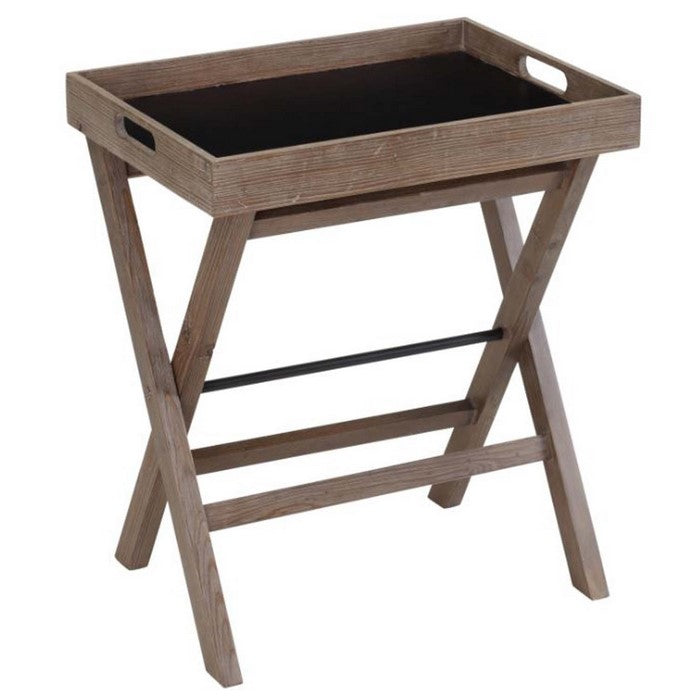 Fabric Upholstered Tray Top Wooden Side Table with X Frame Base, Brown