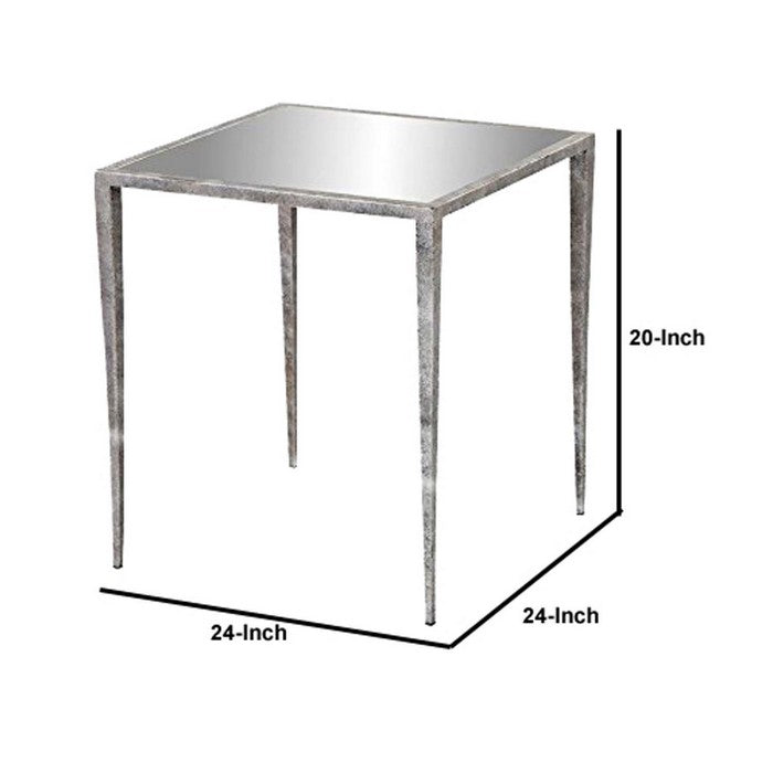 Mirror Top Metal Frame Side Table with Tapered Legs, Silver