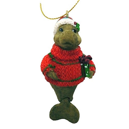 Manatee Christmas Ornament with Santa Hat and Hinged Tail