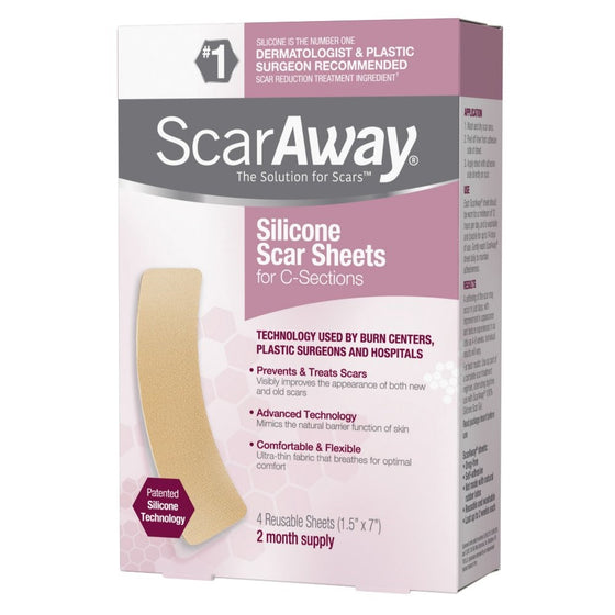 ScarAway C-Section Scar Treatment Strips, Silicone Adhesive Soft Fabric4-Sheets (7 X 1.5 Inch)