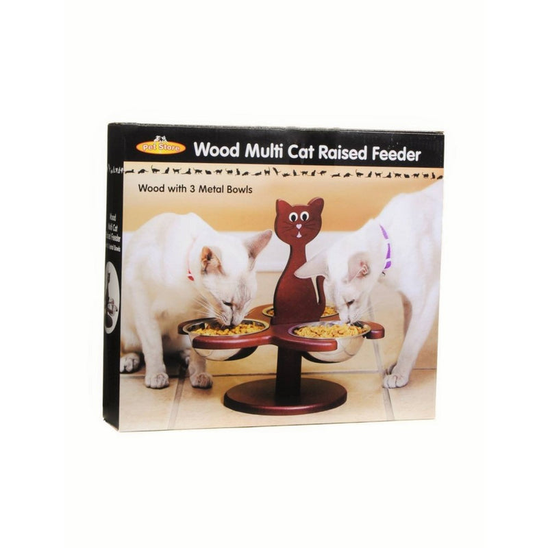 Etna Pet Store Wooden Multi-Cat Raised Feeder with 3 Metal Food Bowls/Dishes -Promotes Better Digestion, Prevents Feline Acne, Stops Food Competition, and Keeps Food Dirt and Pest Free