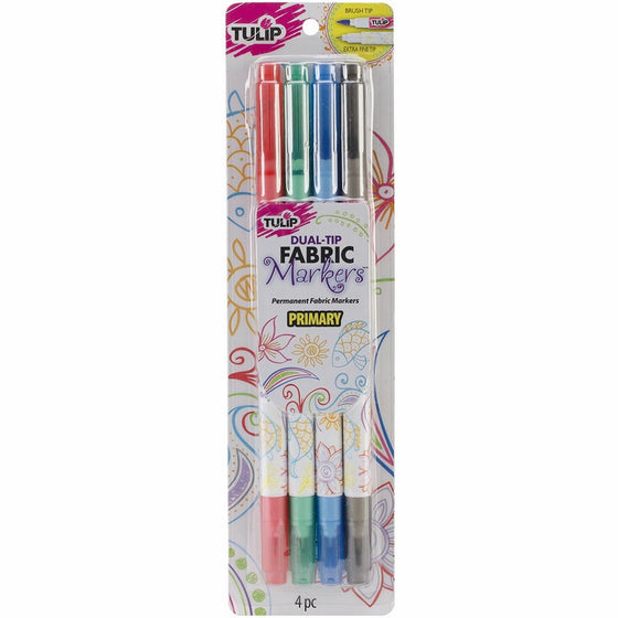 Tulip Permanent Nontoxic Fabric Markers 4 Pack - Dual Tip with Fine Tip & Brush Tip, Child Safe, Minimal Bleed & Fast Drying - Premium Quality for T-shirts, Clothes, Shoes, Bags & Other Fabric Materials