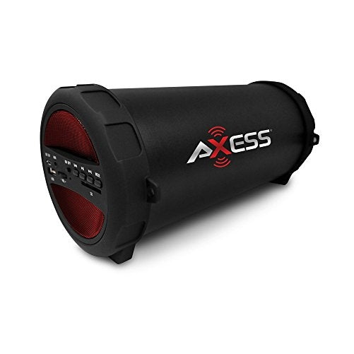 AXESS SPBT1041RD Portable Thunder Sonic Bluetooth Cylinder Loud Speaker with Built-In FM Radio, SD Card, USB, AUX Inputs in Red