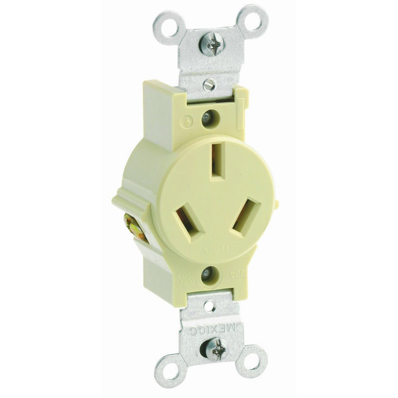 Leviton 5032-I 20 Amp, 125/250 Volt, Narrow Body Single Receptacle, Straight Blade, Commercial Grade, Non-Grounding, Ivory