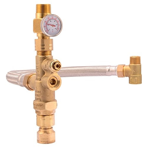 Cash Acme Water Heater Tank Booster Pro Thermostatic Mixing Valve with Temperature Gauge, Braided Hose