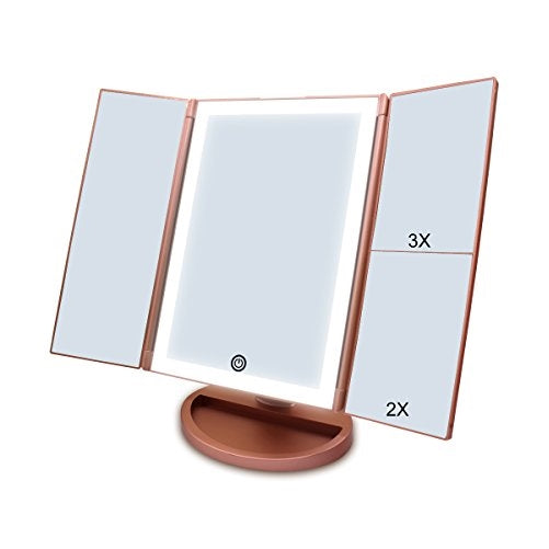 CZW Lighted Vanity Makeup Mirror with Touch Screen and 3X/2X/1X Magnification, USB Charging or Battery Supply Tabletop Tri-fold LED Mirror, 180 Degree Free Rotation Makeup Mirror (Rose Gold)