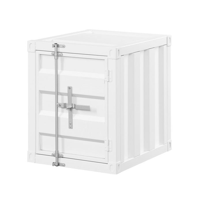 Industrial Style Metal Cargo End Table with Openable Door, White
