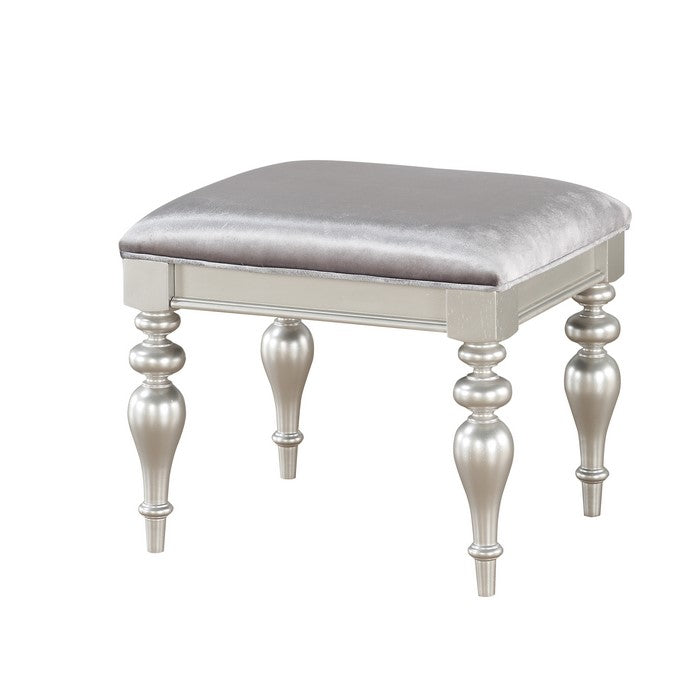 Fabric Upholstered Wooden Vanity Stool with Bubble Turned Legs, Silver