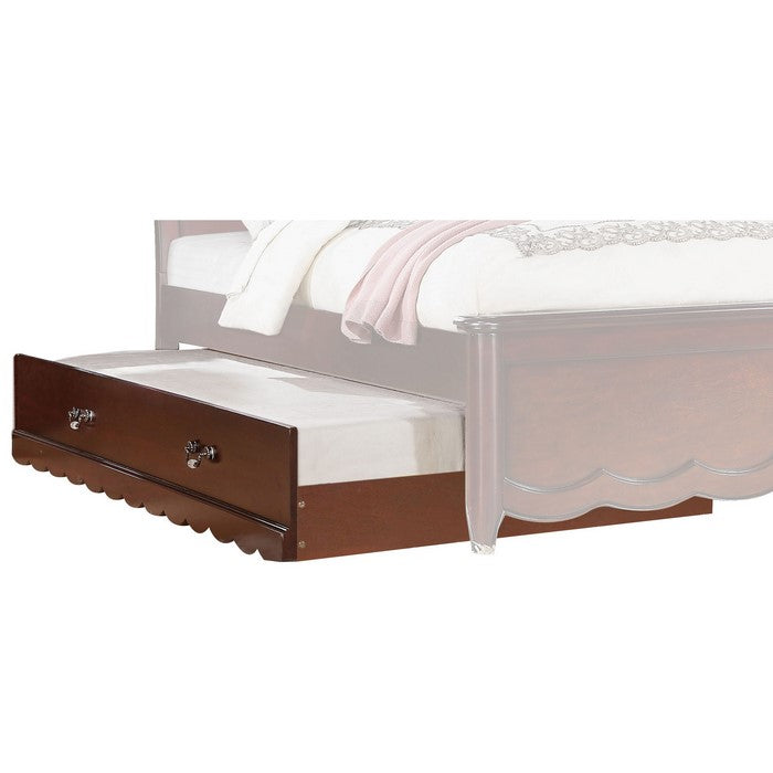 Spacious Wooden Trundle with Metal Handle and Curvy Apron, Brown