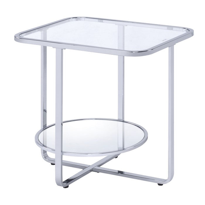 Contemporary Metal End Table with Open Bottom Shelf, Silver and Clear