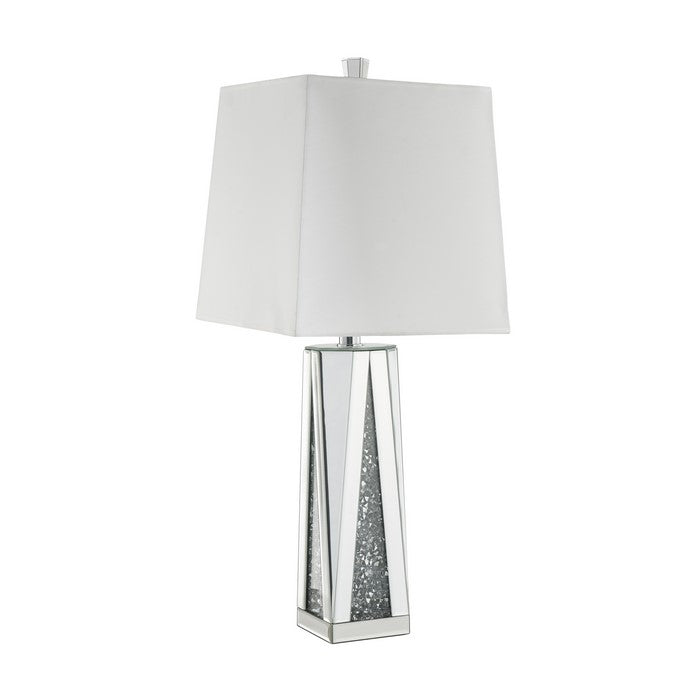 Contemporary Square Table Lamp with Faux Diamond Inlays, White and Clear