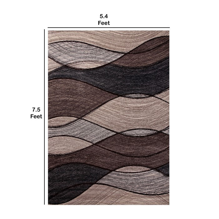 89 X 64 Inches Polyester Power Loomed Rug with Curled Pattern, Beige and Brown