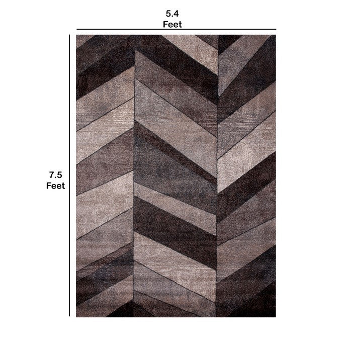 89 X 64 Inches Polyester Power Loomed Rug with Herringbone Pattern, Gray and Brown