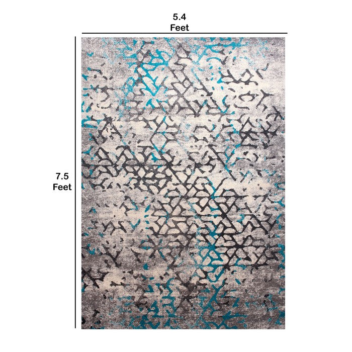 89 X 64 Inches Polyester Power Loomed Rug with Abstract Mosaic Print, Blue and Gray