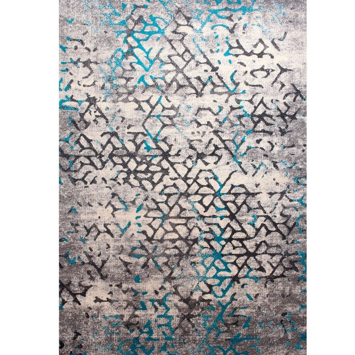 89 X 64 Inches Polyester Power Loomed Rug with Abstract Mosaic Print, Blue and Gray