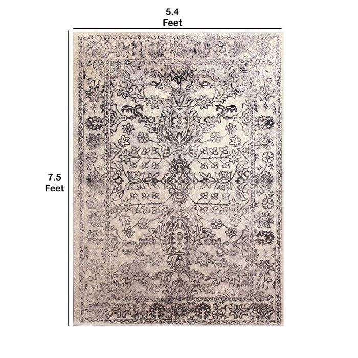 89 X 64 Inches Polyester Power Loomed Rug with Floral Print, Off White and Gray