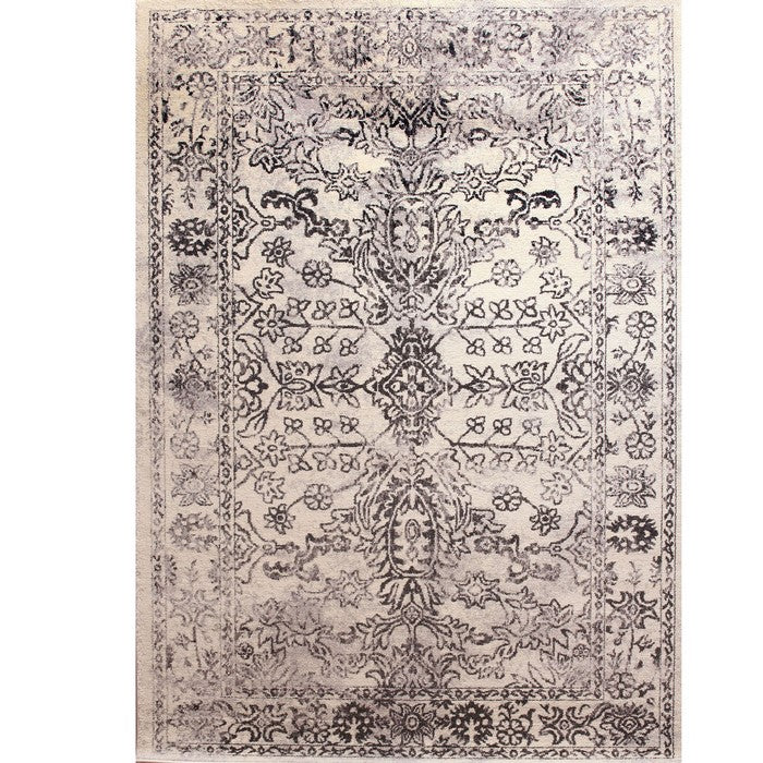89 X 64 Inches Polyester Power Loomed Rug with Floral Print, Off White and Gray