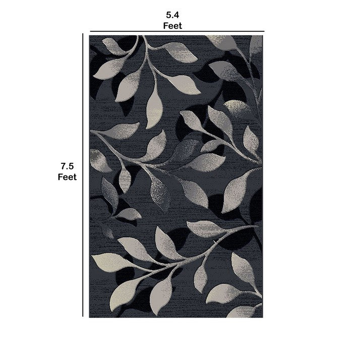 89 X 64 Inches Polyester Power Loomed Rug with Leaf Motif Print, Dark Gray