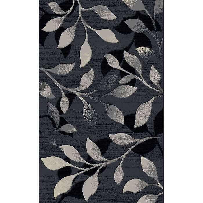89 X 64 Inches Polyester Power Loomed Rug with Leaf Motif Print, Dark Gray