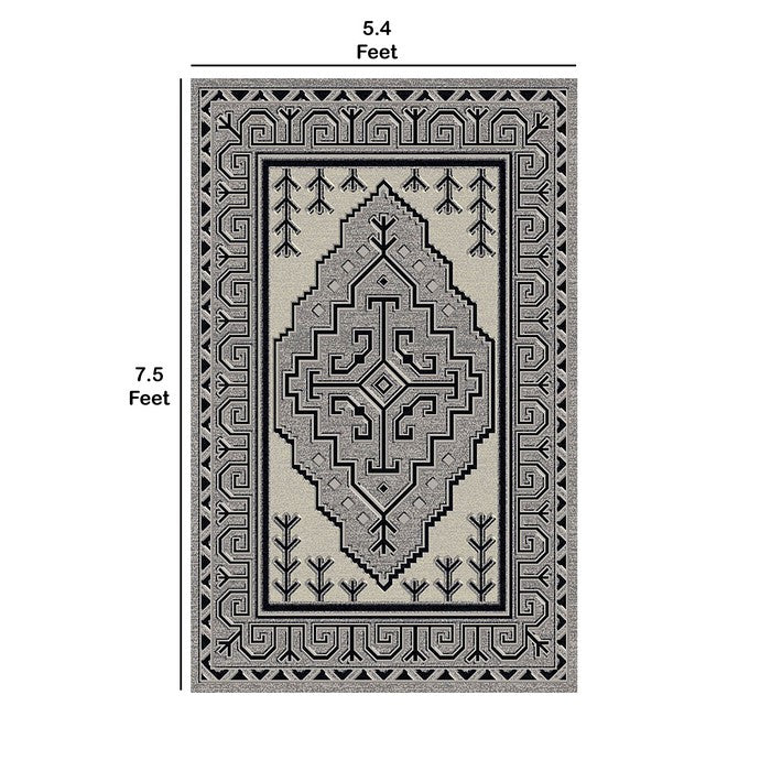 89 X 64 Inches Power Loomed Rug with Abstract Medallion Print, Gray and Black