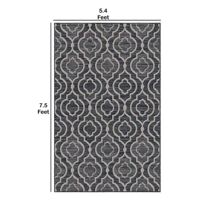 89 X 64 Inches Power Loomed Rug with Quatrefoil Motif Print, Dark Gray
