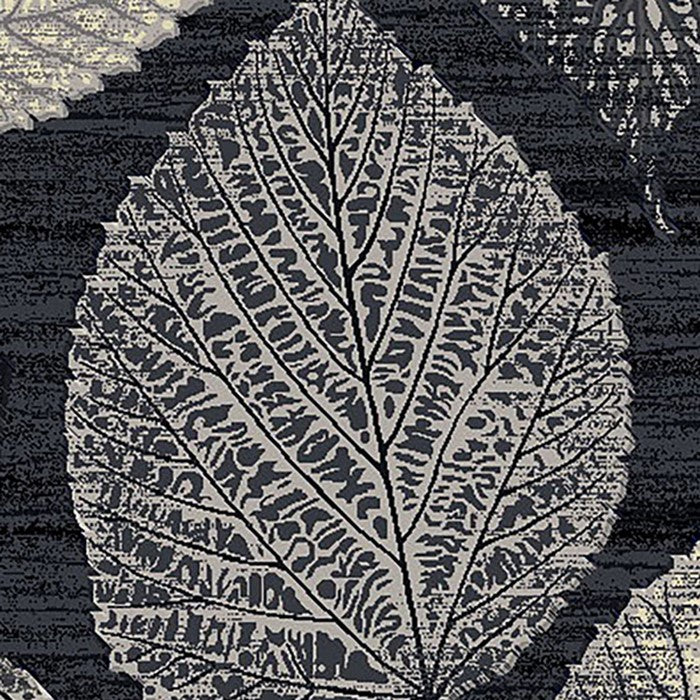89 X 64 Inches Power Loomed Polyester Rug with Leaf Print, Dark Gray