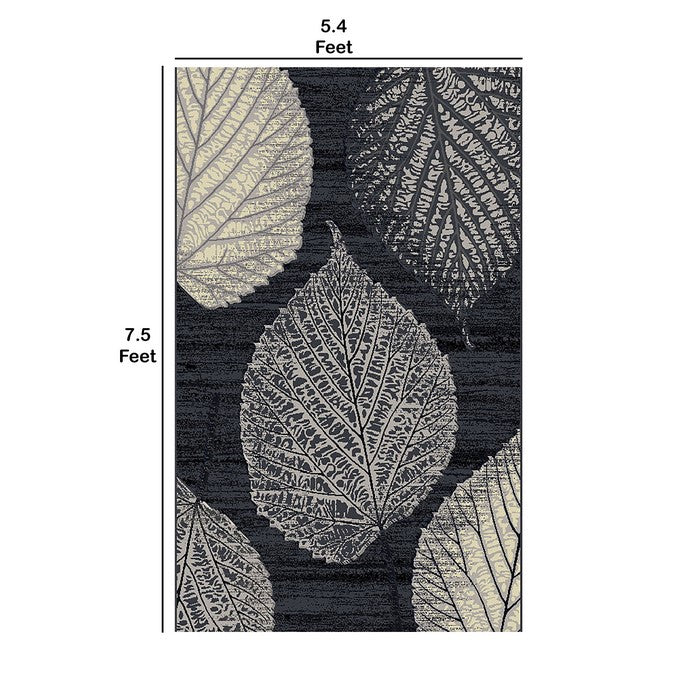 89 X 64 Inches Power Loomed Polyester Rug with Leaf Print, Dark Gray