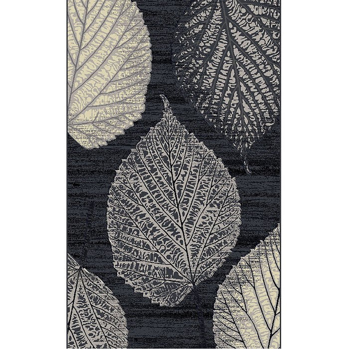 89 X 64 Inches Power Loomed Polyester Rug with Leaf Print, Dark Gray