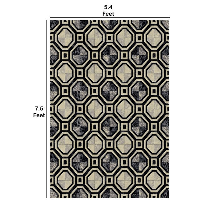 89 X 64 Inches Power Loomed Polyester Rug with Octagonal Motif Print, Dark Gray