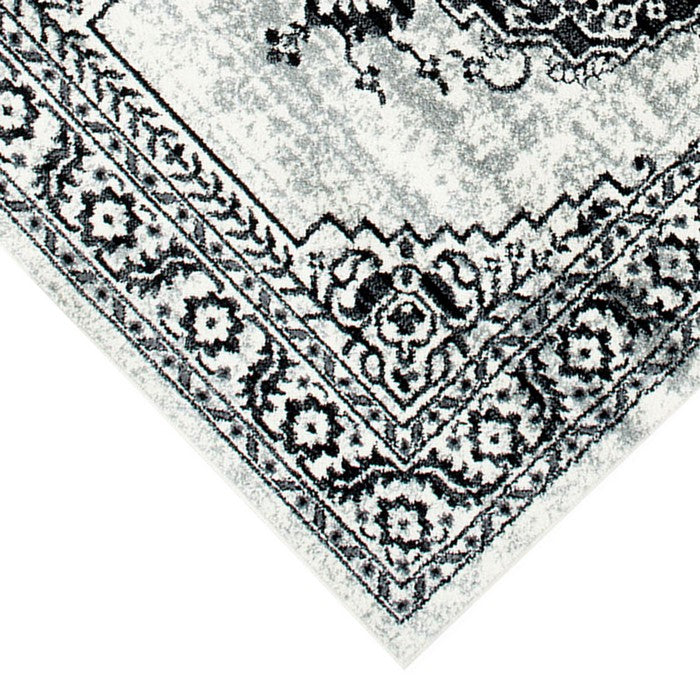 84 X 60 Inches Polyester Abstract Medallion Print Rug, Black and Gray