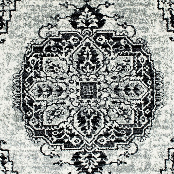 84 X 60 Inches Polyester Abstract Medallion Print Rug, Black and Gray
