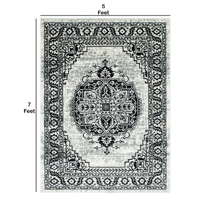 84 X 60 Inches Polyester Abstract Medallion Print Rug, Black and Gray