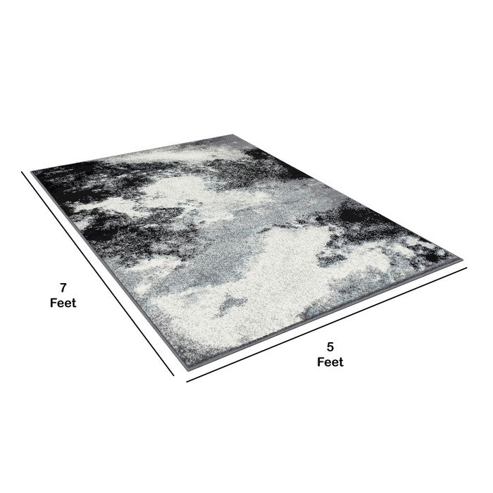 84 X 60 Inches Polyester Abstract Mosaic Print Rug, Black and Gray