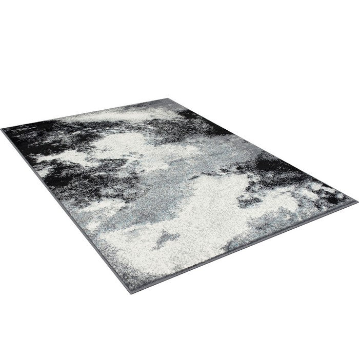 84 X 60 Inches Polyester Abstract Mosaic Print Rug, Black and Gray