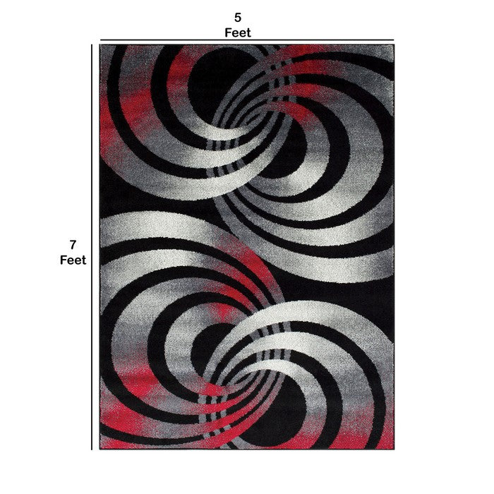 84 X 60 Inches Polyester Rug with Interconnected Rings, Gray and Red